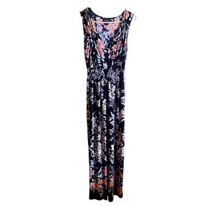 En Focus Studio Dark Navy Blue Stretchy Floral Maxi Dress Size 8